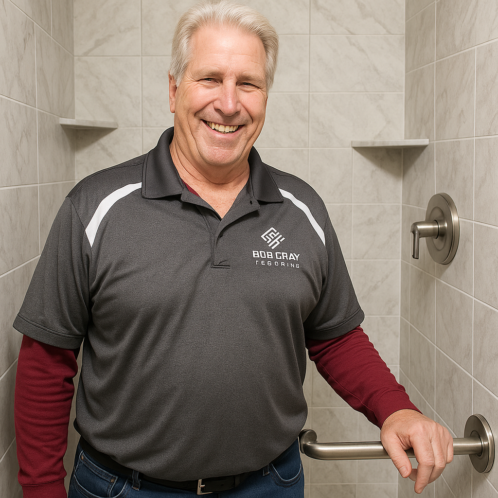 image shows Bob Gray, Owner of RG Flooring in Carolina Forest with a recently completed shower upgrade