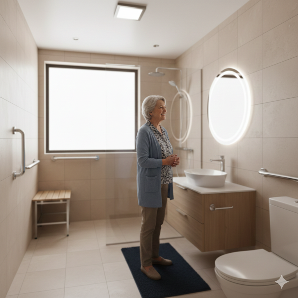 bathroom_aging_in_place4 image shows older woman standing in bath upgraded for aging in place by RG Flooring of Myrtle Beach SC